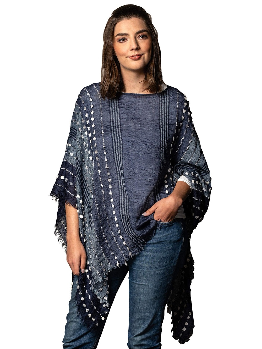 Demdaco Blue Knit Fringe Wrap with White Dot Detail